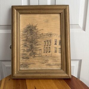 Vintage‎ Wood Frame Pencil Sketch Artwork Building Tree Landscape Office Study